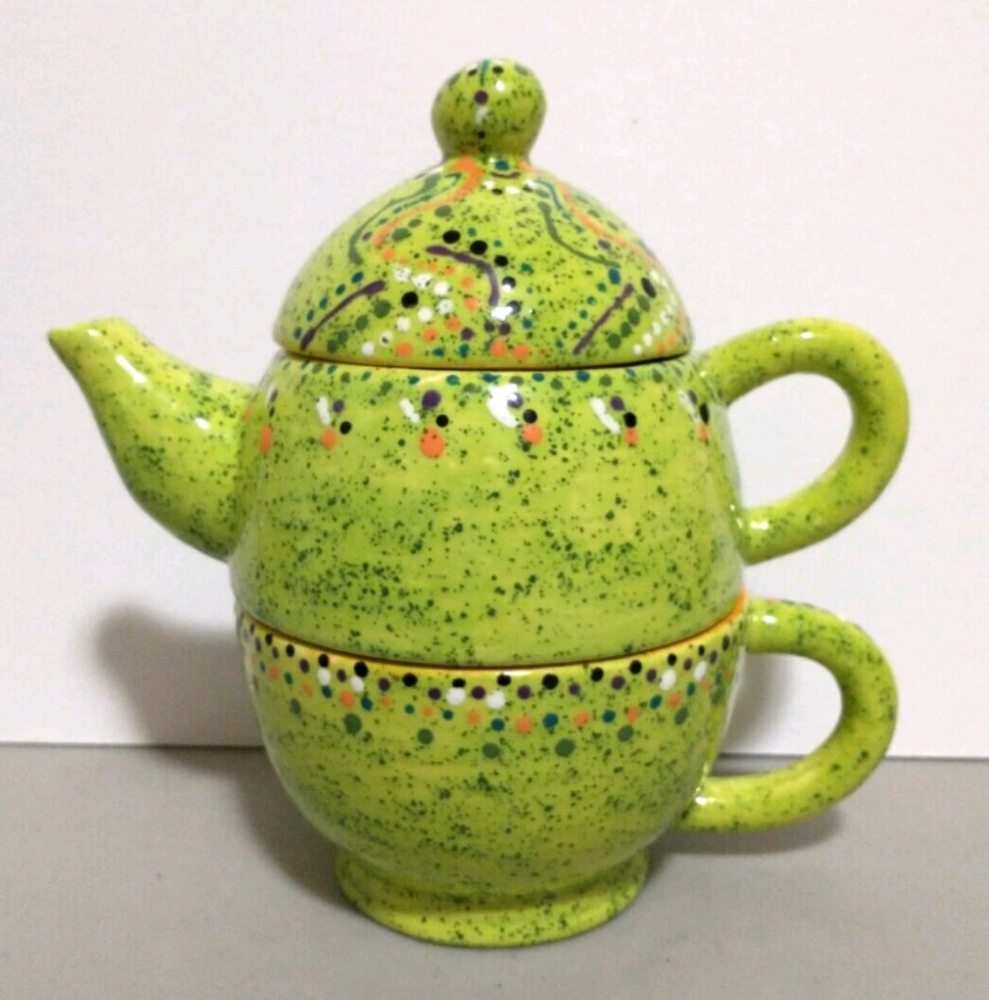 Handmade Green Speckle Ceramic Stacking Tea Set Tea Pot Tea Cup